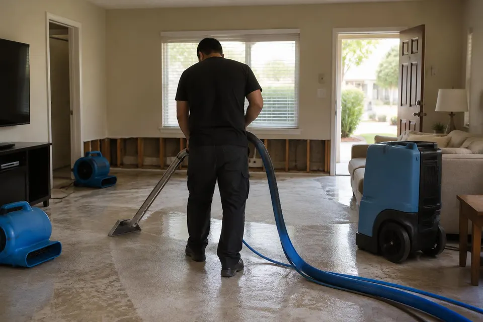 Generated illustration of a technician in dark work clothes extracting water from a wet living-room floor with air movers and a dehumidifier nearby